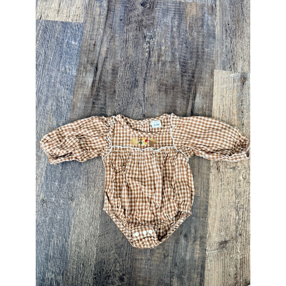 Embroidered Thanksgiving Bubble Diaper Snaps Puff Sleeves Brown and White Plaid